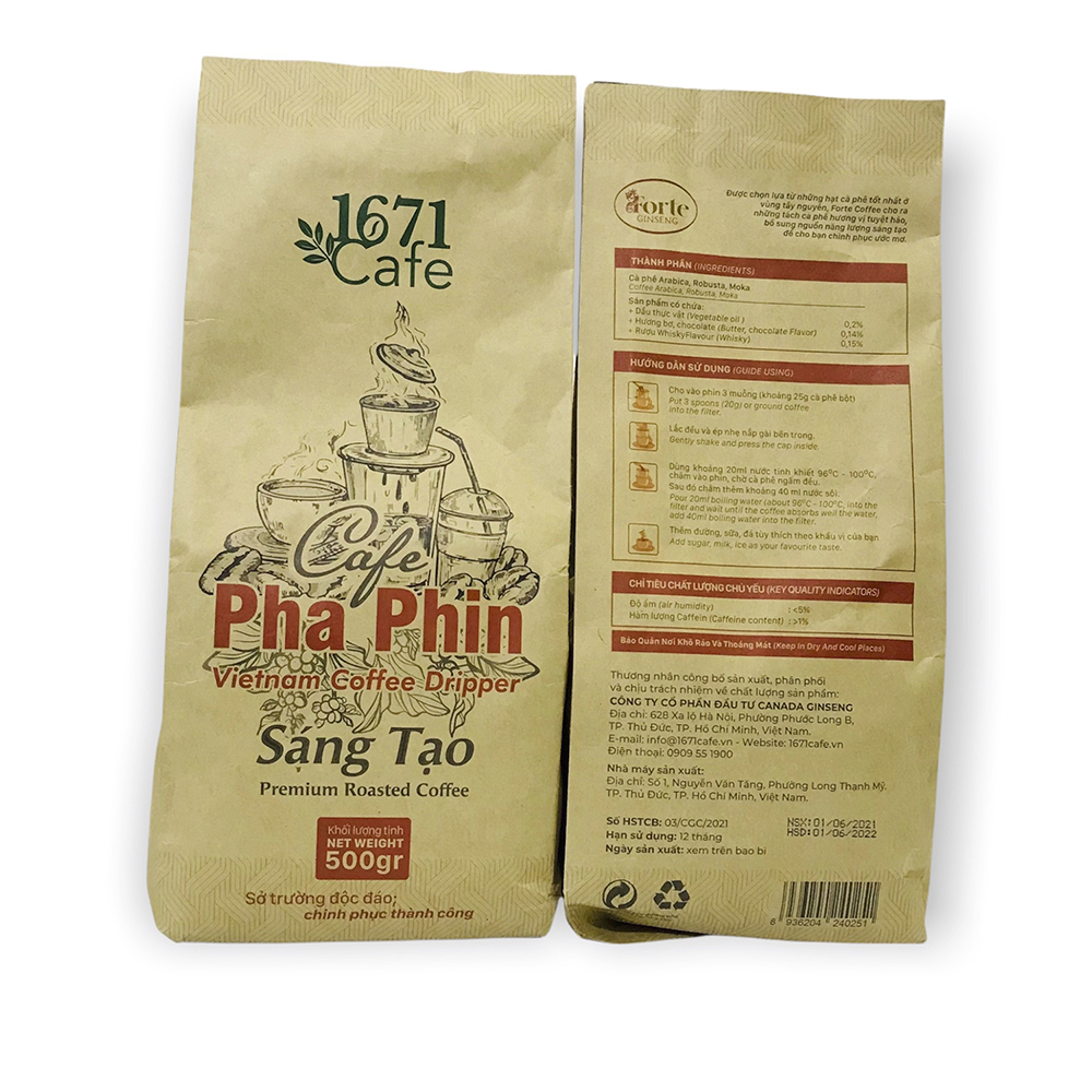 Combo 2 túi Cà phê pha phin 1671 Cafe Sáng Tạo - 500gr/túi - Cà phê hạt Robusta Arabica Moka - Cà phê nguyên chất - Cà phê rang xay - Cà phê Tây Nguyên - Cà phê pha phin .