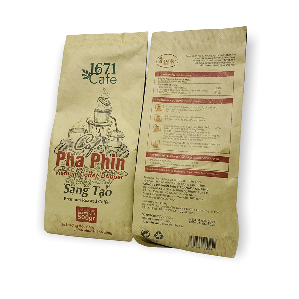 Combo 2 túi Cà phê pha phin 1671 Cafe Sáng Tạo - 500gr/túi - Cà phê hạt Robusta Arabica Moka - Cà phê nguyên chất - Cà phê rang xay - Cà phê Tây Nguyên - Cà phê pha phin .